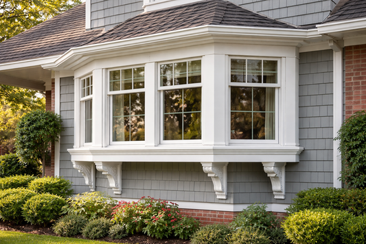Exterior bay window with decorative and structural support brackets installed beneath projection.
